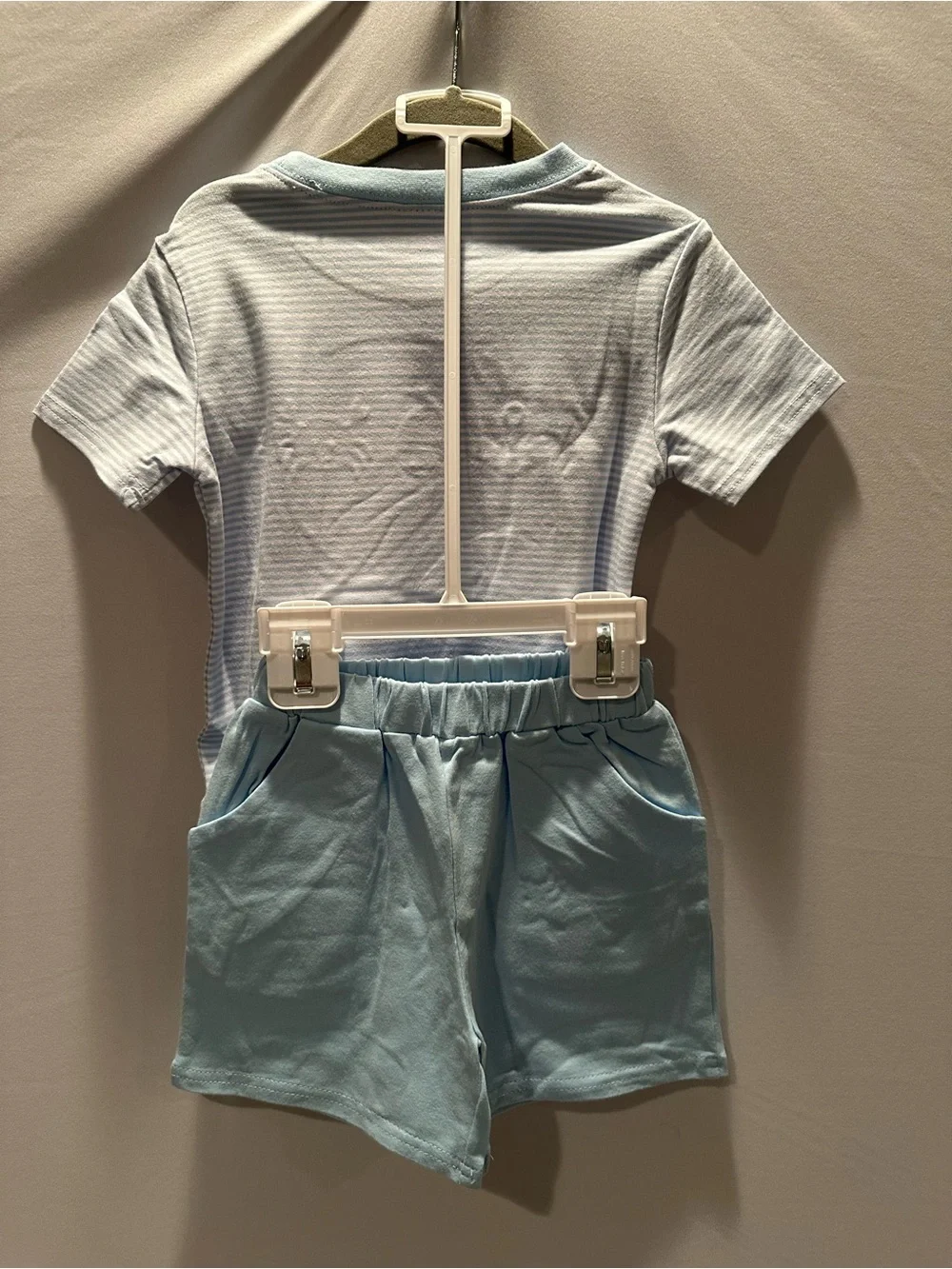 Light Blue Striped Kids Tee and Shorts with Nautical Embroidery